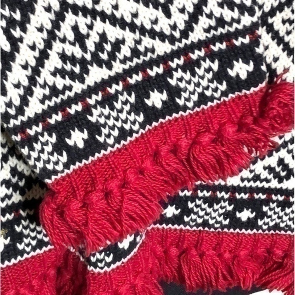 Talbots Black and White Nordic Fair Isle Snowflake Sweater with Red Fringe Small - Picture 8 of 9